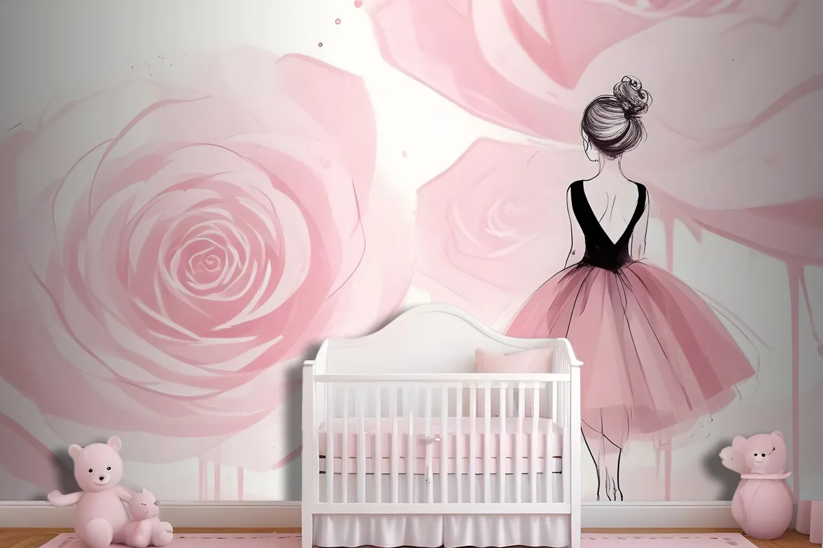 Ballerina Girl And Pink Roses Wallpaper Mural