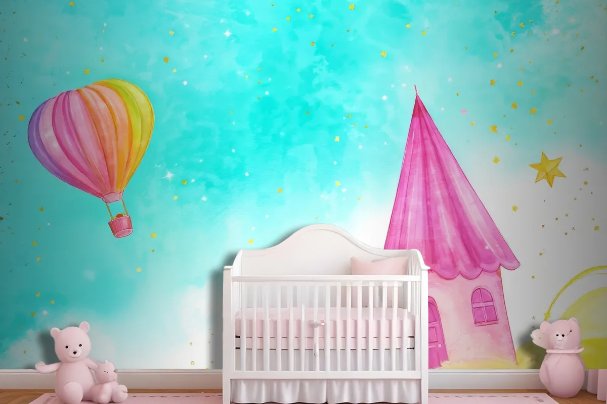 Balloon With A Flying Fairytale Watercolor Wallpaper Mural