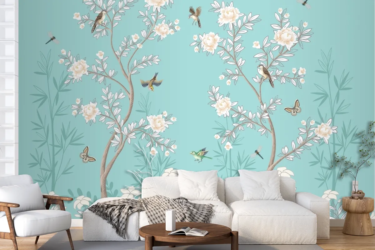 Chinoiserie Mural With Peonies And Birds Turquoise Wallpaper Mural