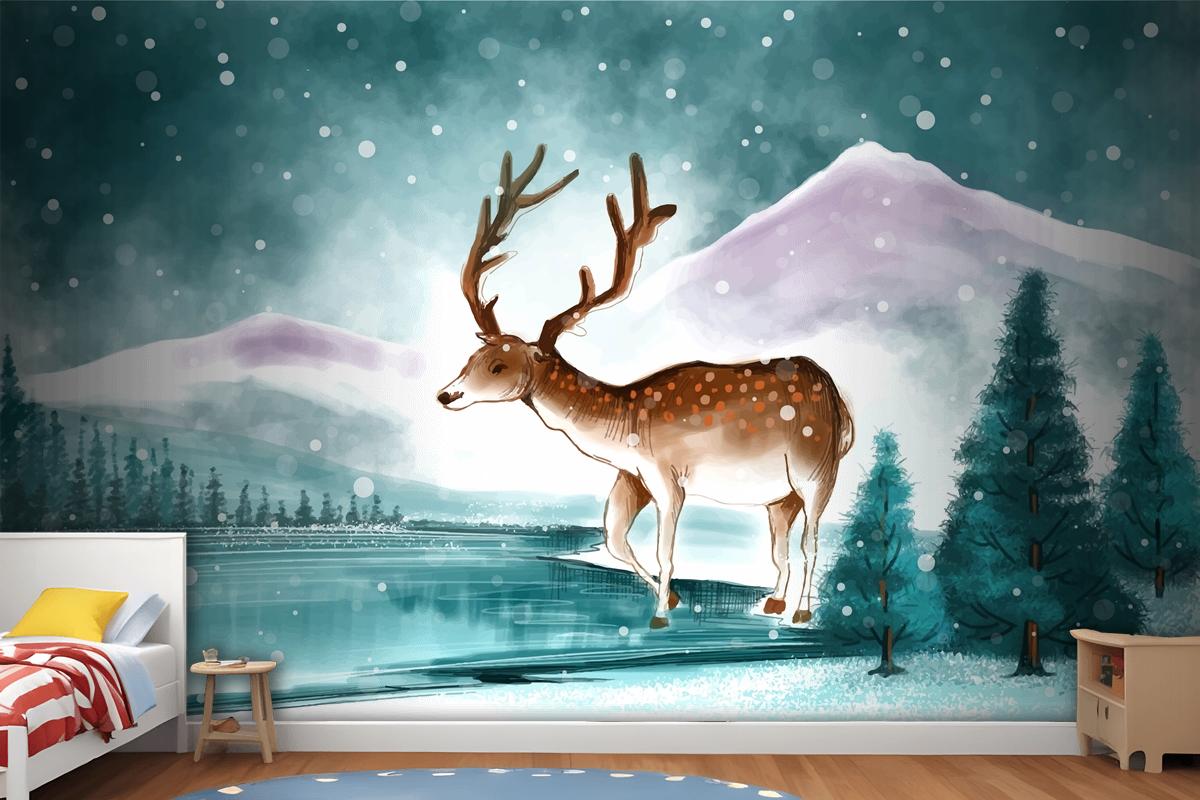 Beautiful Christmas Landscape In Winter With Christmas Deer Card Wallpaper Mural