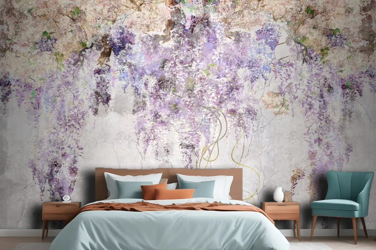 Beautiful Lilac Branches On The Concrete Grey Vintage Wallpaper Mural