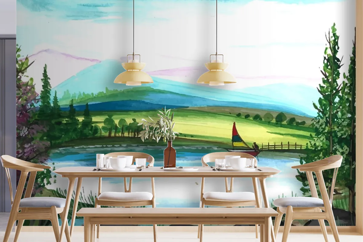 Beautiful Nature Landscape Hand Draw Watercolor Wallpaper Mural