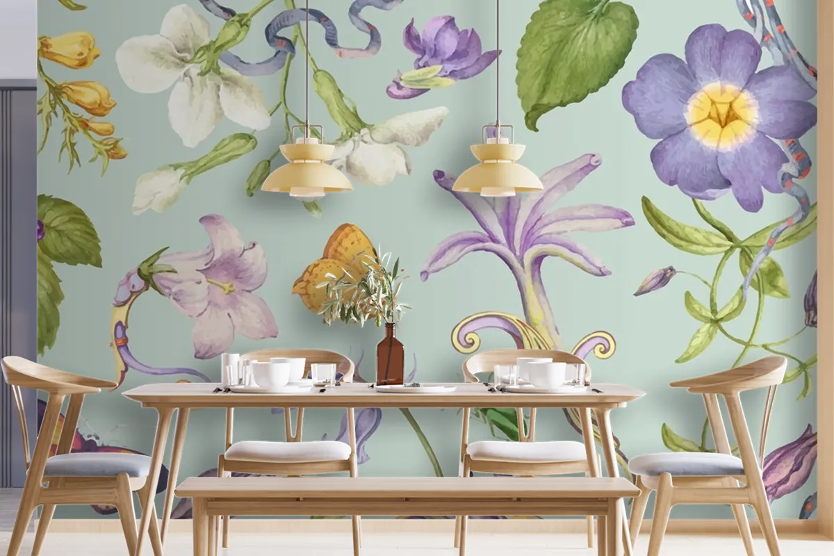 Beautiful Purple Floral Pattern On Green Wallpaper Mural