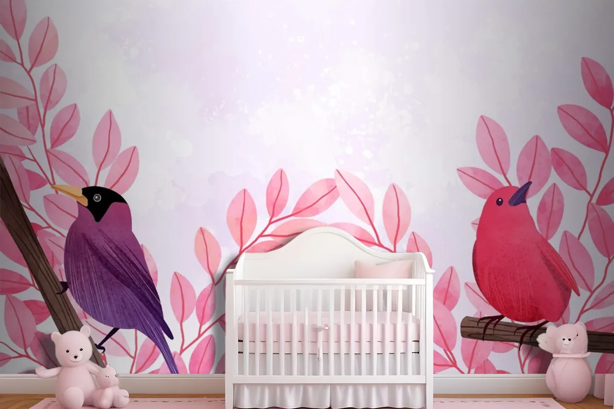 Beautiful Watercolor Of Birds Sitting On Branches Wallpaper Mural