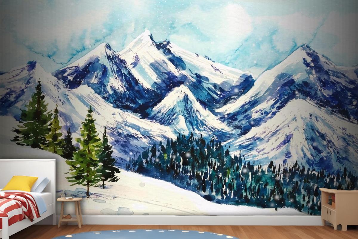 Beautiful Winter Landscape In Watercolor Background Wallpaper Mural