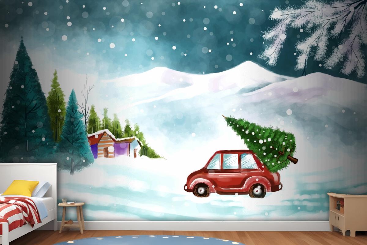 Beautiful Winter Landscape With Car In Snowy Christmas Tree Wallpaper Mural