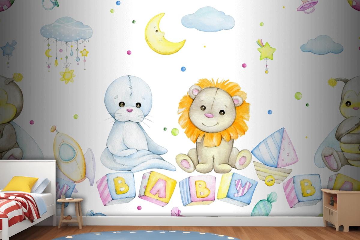 Bee Lion Seal Cubes With Letters Moon Stars Clouds Wallpaper Mural