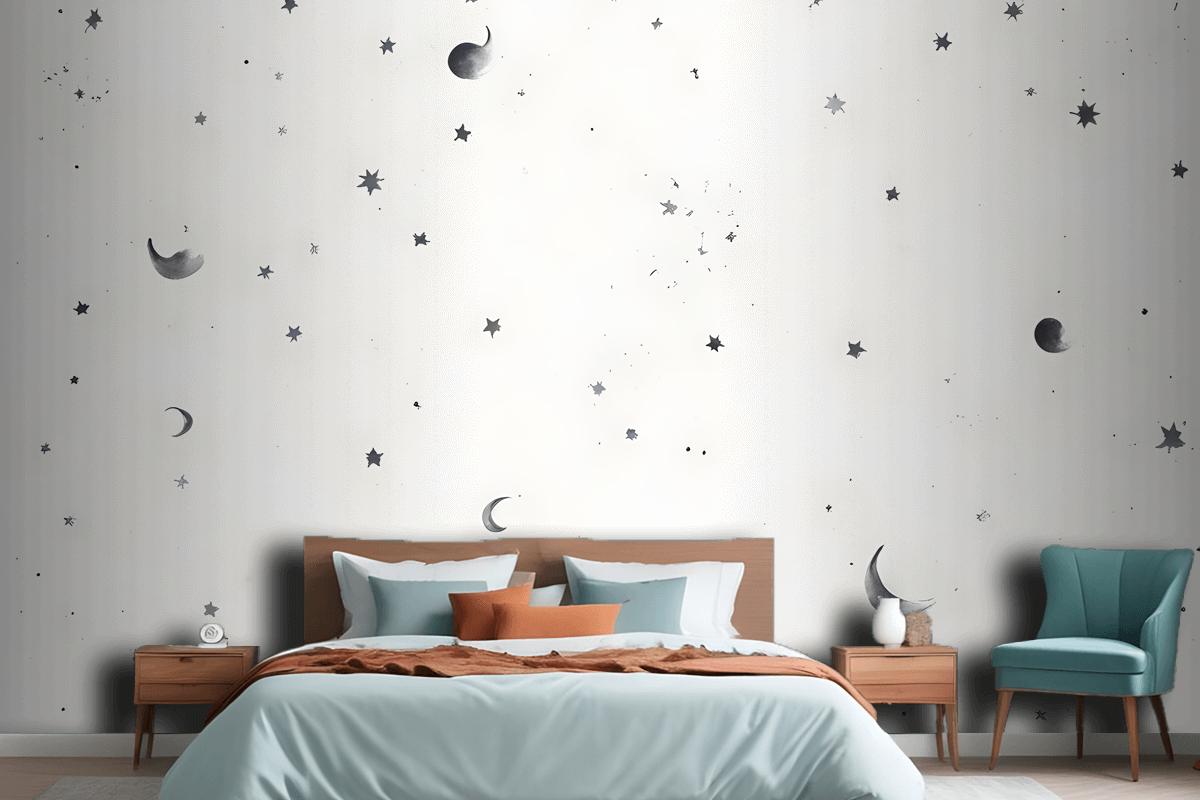 Black & White Moon & Stars Wallpaper Mural