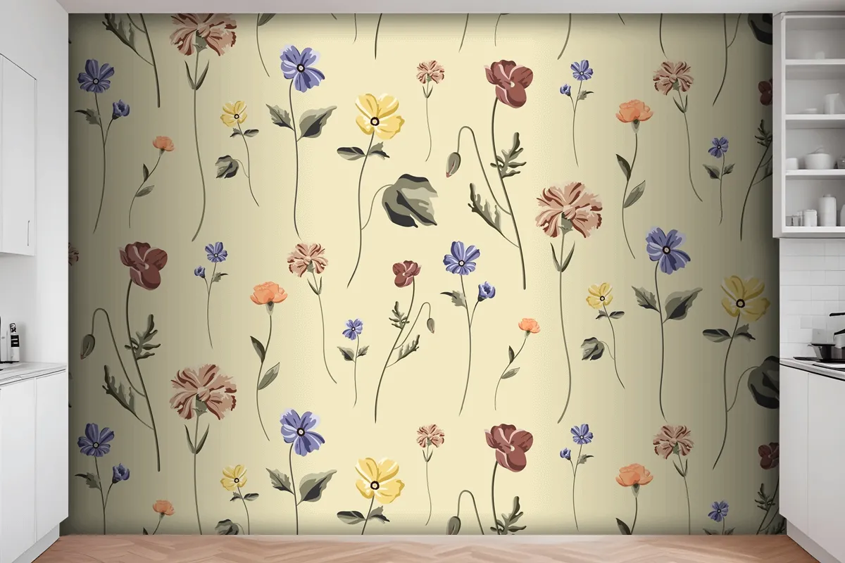 Blooming Flower Seamless Pattern On A Beige Wallpaper Mural