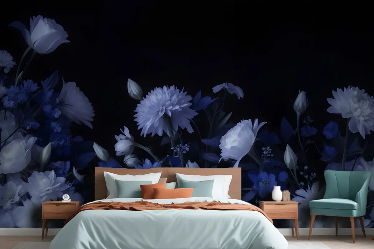 Blue Delft Dark Floral Art Painting Wallpaper Mural