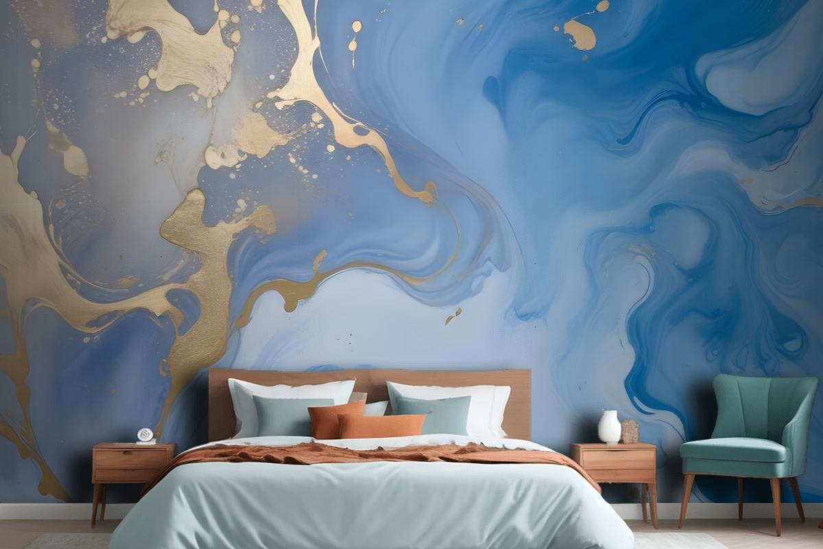 Blue Gold Look Marble With Splash Wallpaper Mural