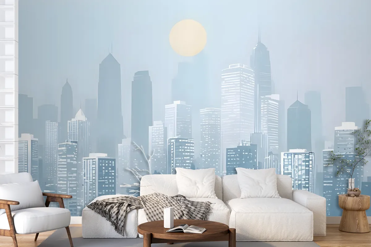 Blue Monochrome Cityscape And Soft Sun Wallpaper Mural