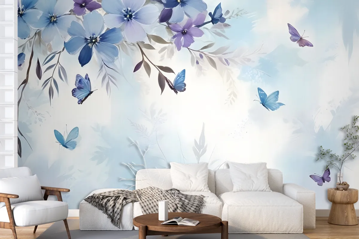 Blue Purple Floral With Little Butterfly Wallpaper Mural