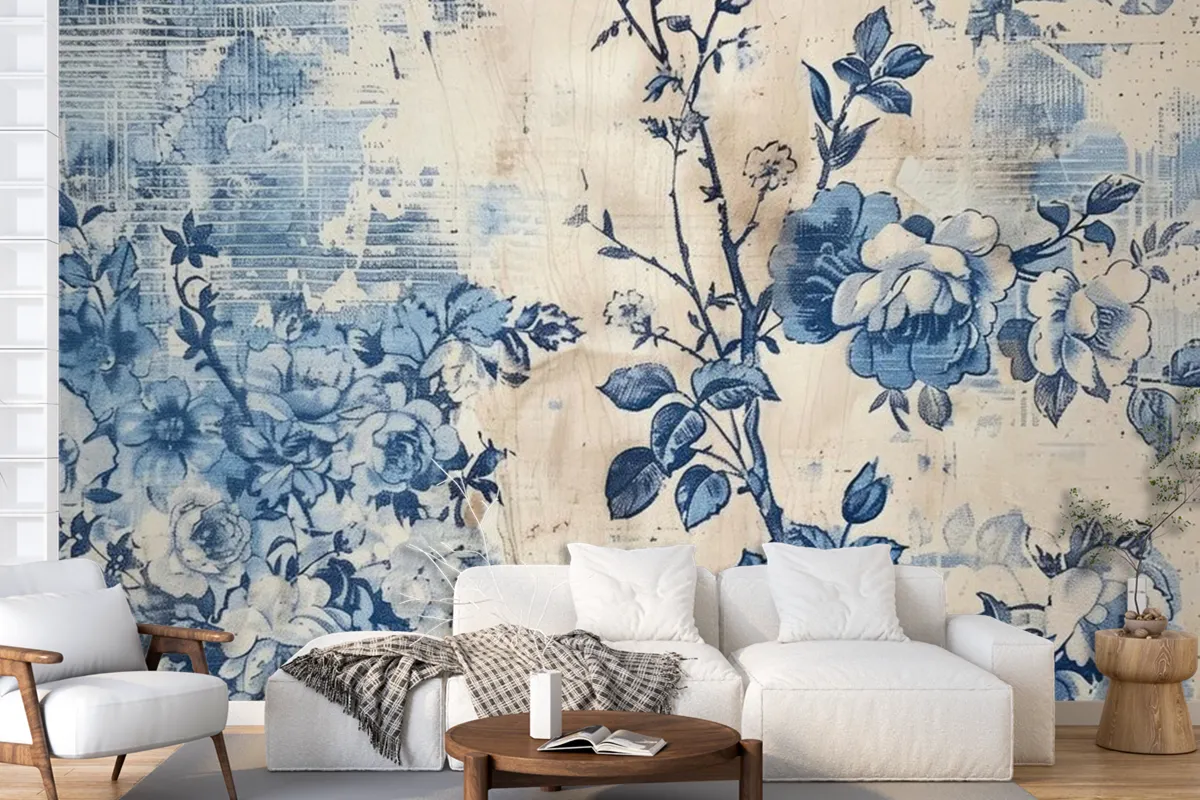 A Blue And White Floral Print Is On A Blue And White Wallpaper Mural