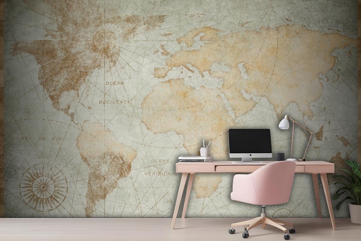 Blue Worn Vintage World Map Wallpaper Mural