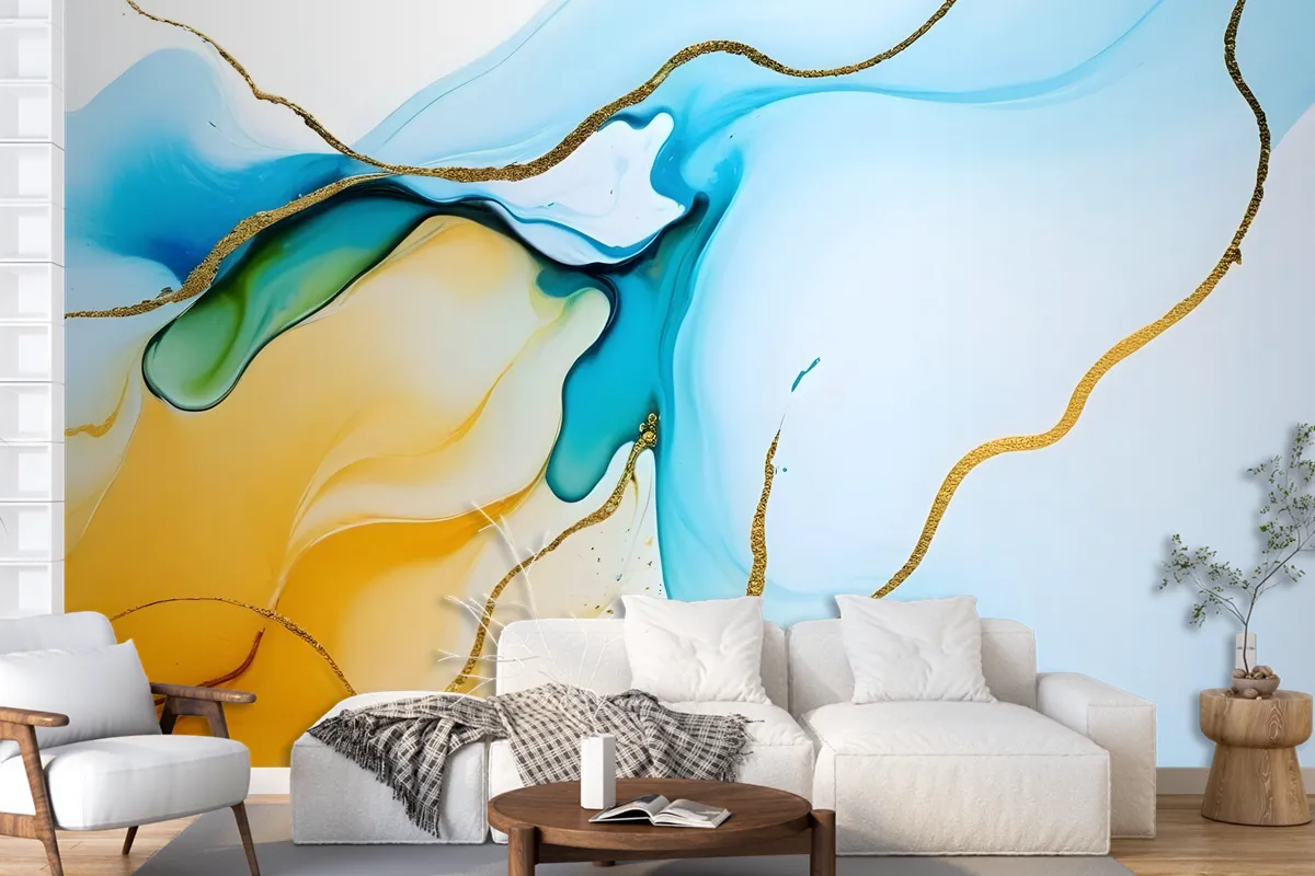 Blue Yellow Watercolor Brush With Modern Lines Wallpaper Mural