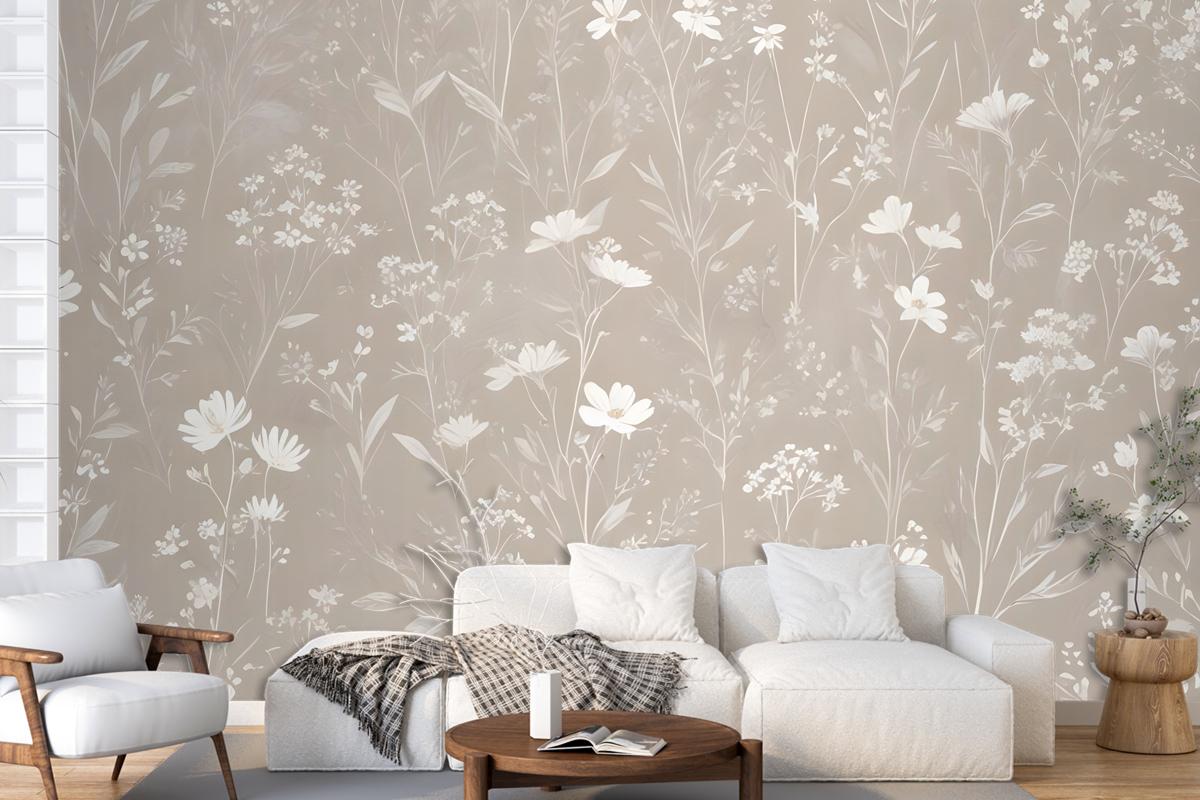 Bohemian Style Neutral Color Wild Flowers Art Wallpaper Mural