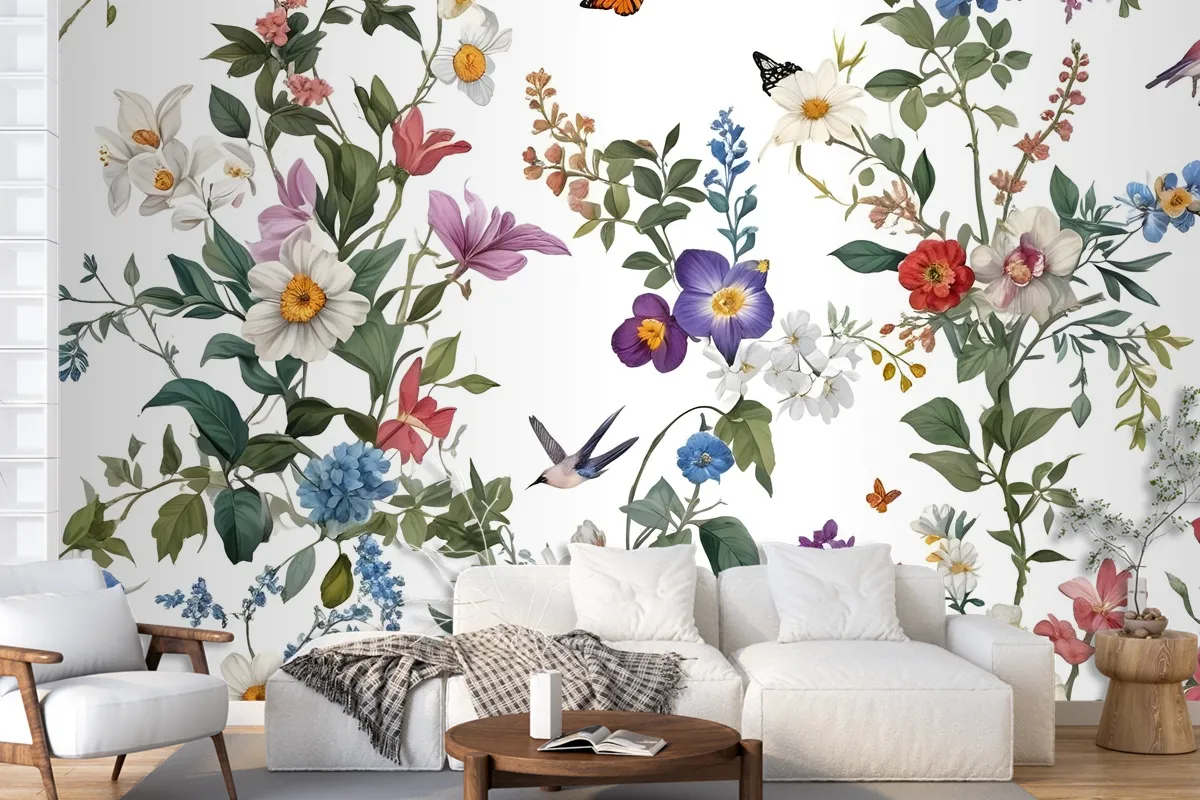 Botanical Flowers Floral With Birds Wallpaper Mural