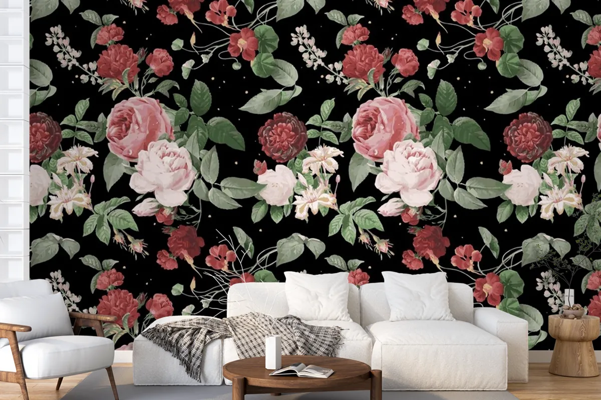 Botanical Valentine's roses pattern watercolor wallpaper mural