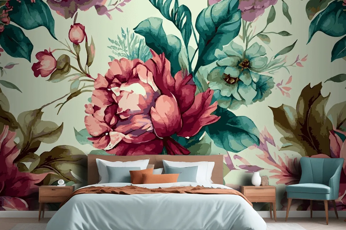 Botanical Watercolor Hand Drawn Flowers Wallpaper Mural