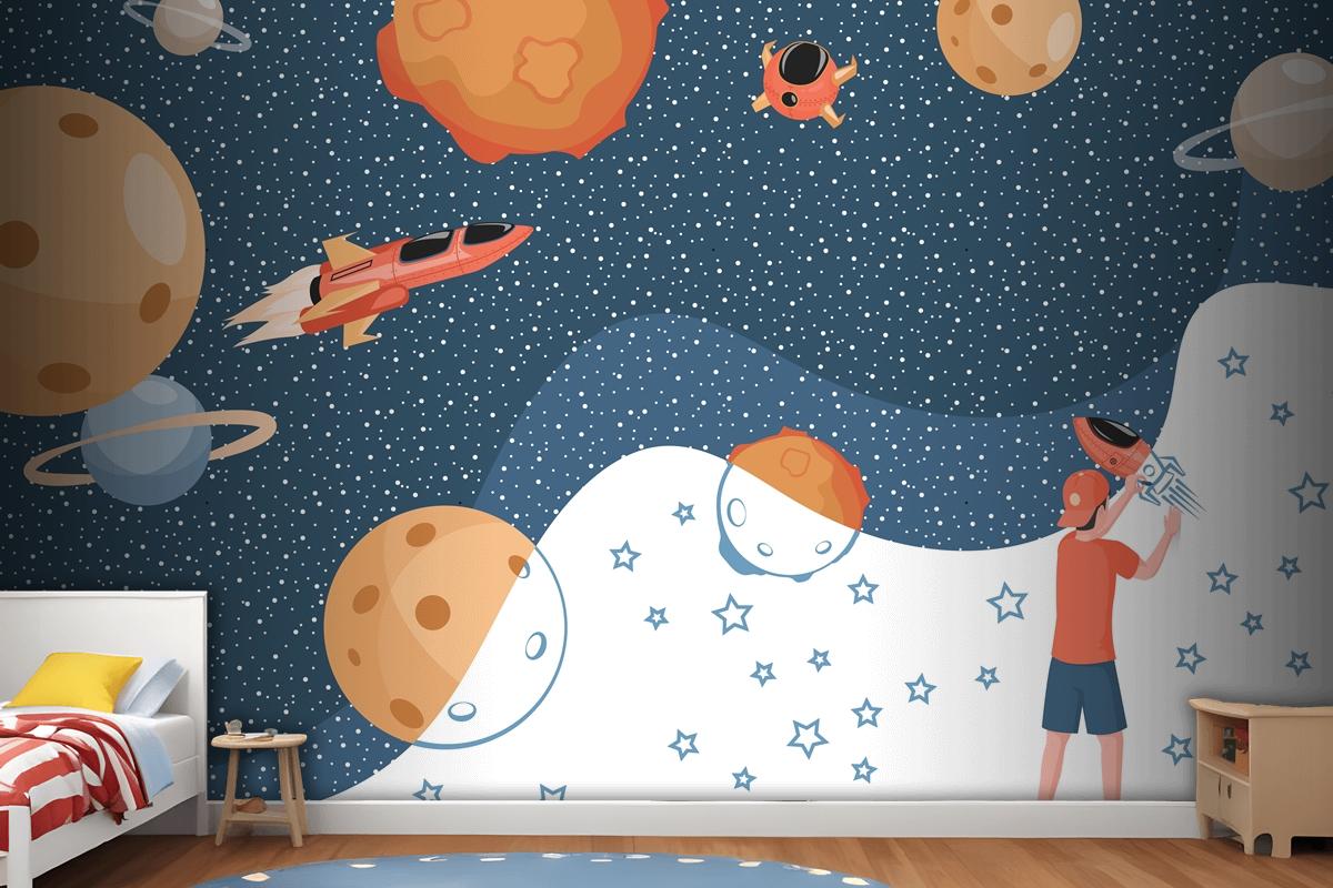 Boy Drawing Cosmos Planets Spaceships And Stars Wallpaper Mural