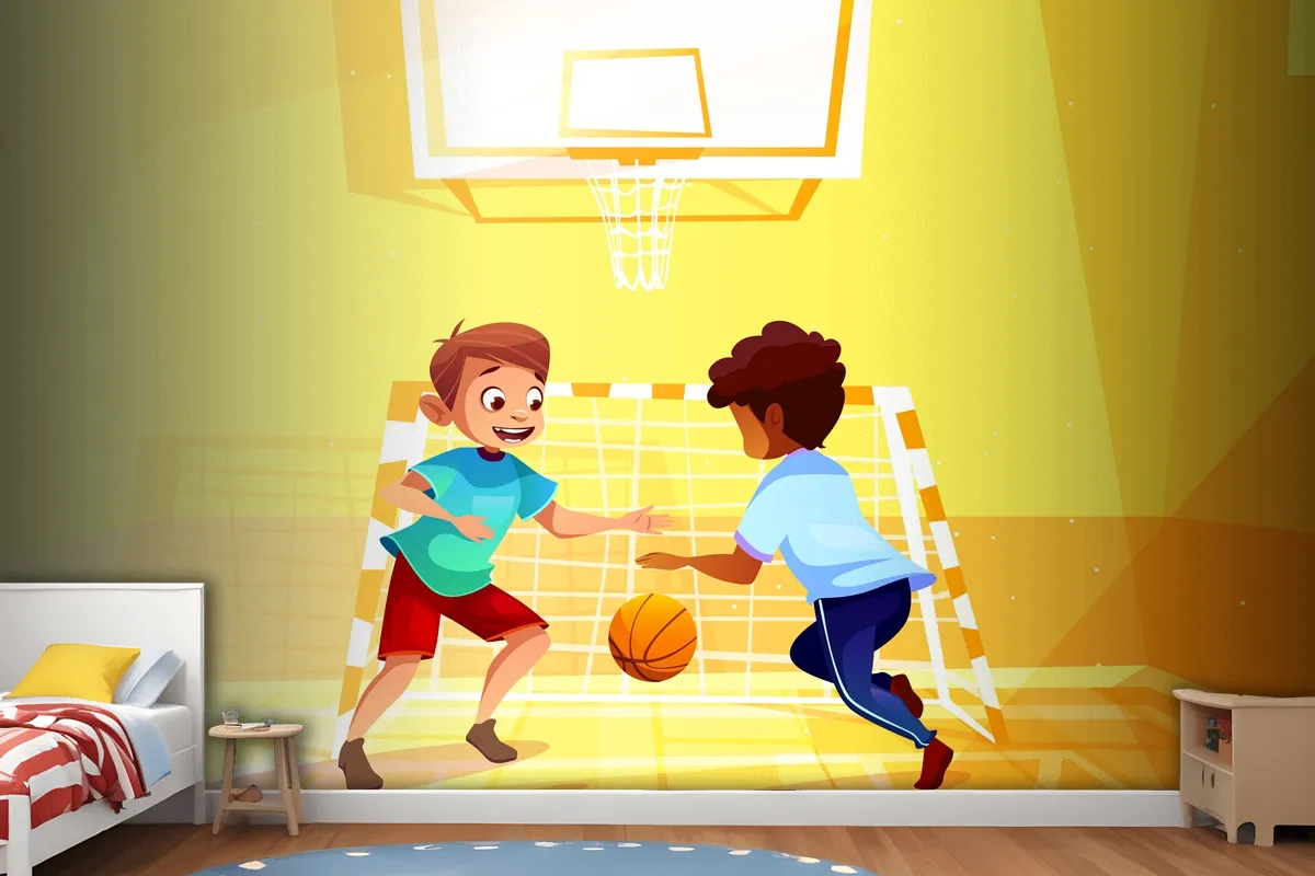 Boys Playing Basketball Kid With Ball In School Wallpaper Mural