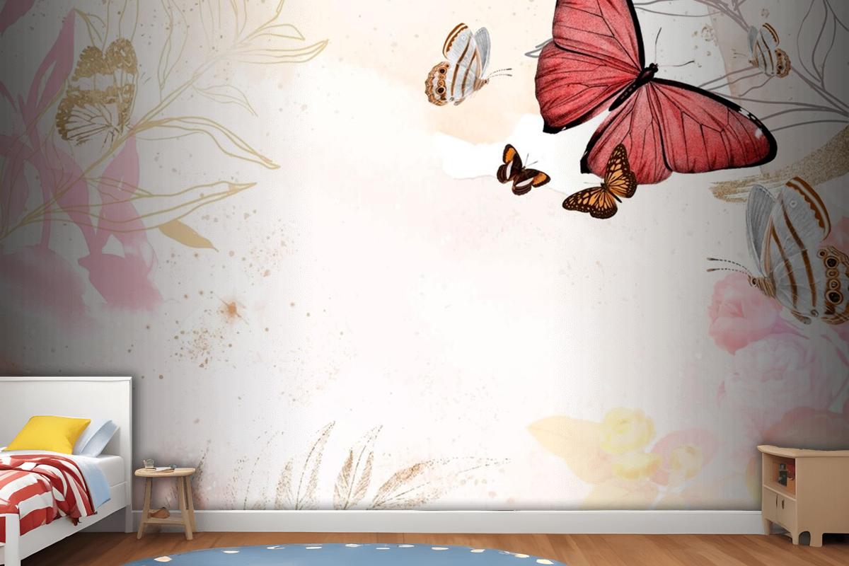 Butterfly Background Aesthetic Border With Flowers Wallpaper Mural