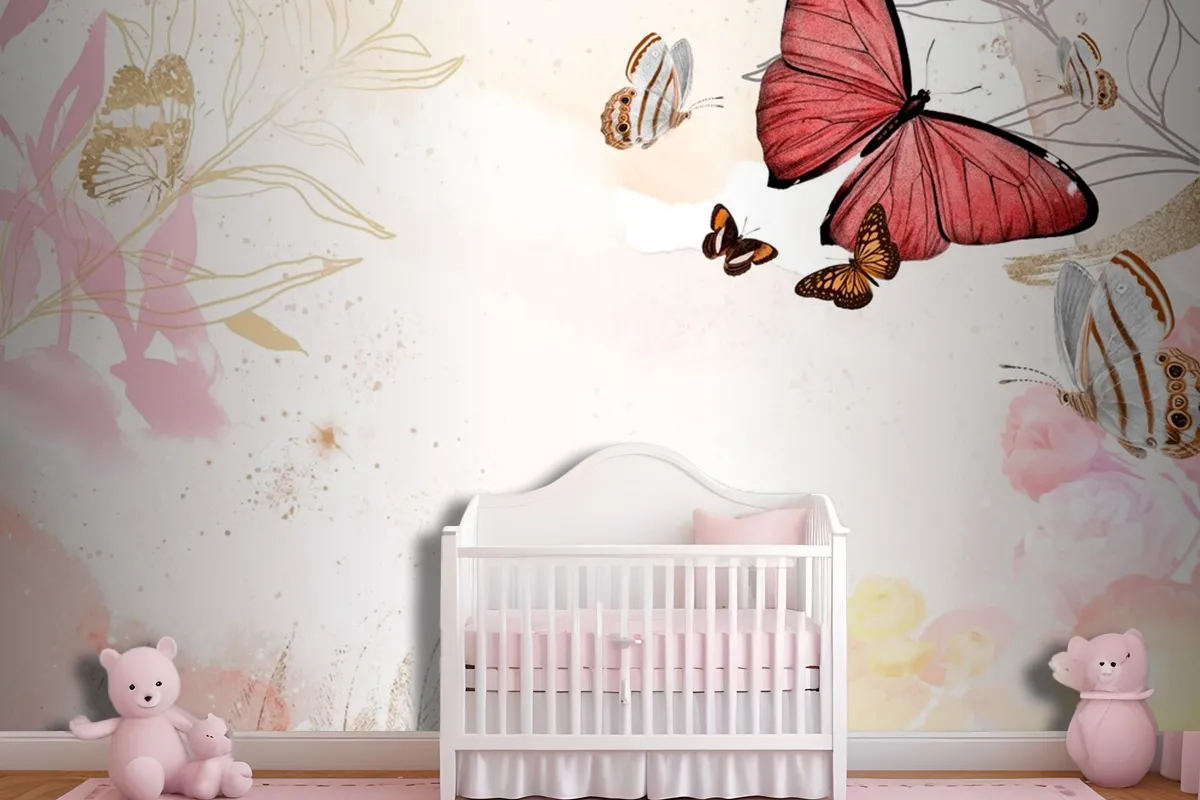 Butterfly Background Aesthetic Border With Flowers Wallpaper Mural