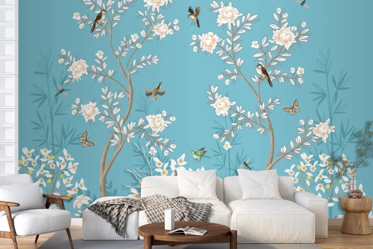 Chinoiserie Mural With Peonies And Birds Wallpaper Mural