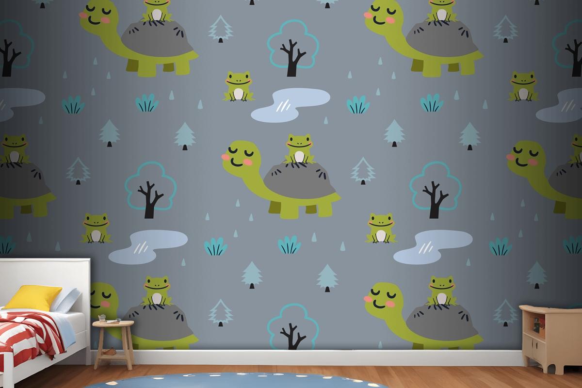 Cartoon Animals Pattern With Cute Mom Turtle And Frogs Wallpaper Mural