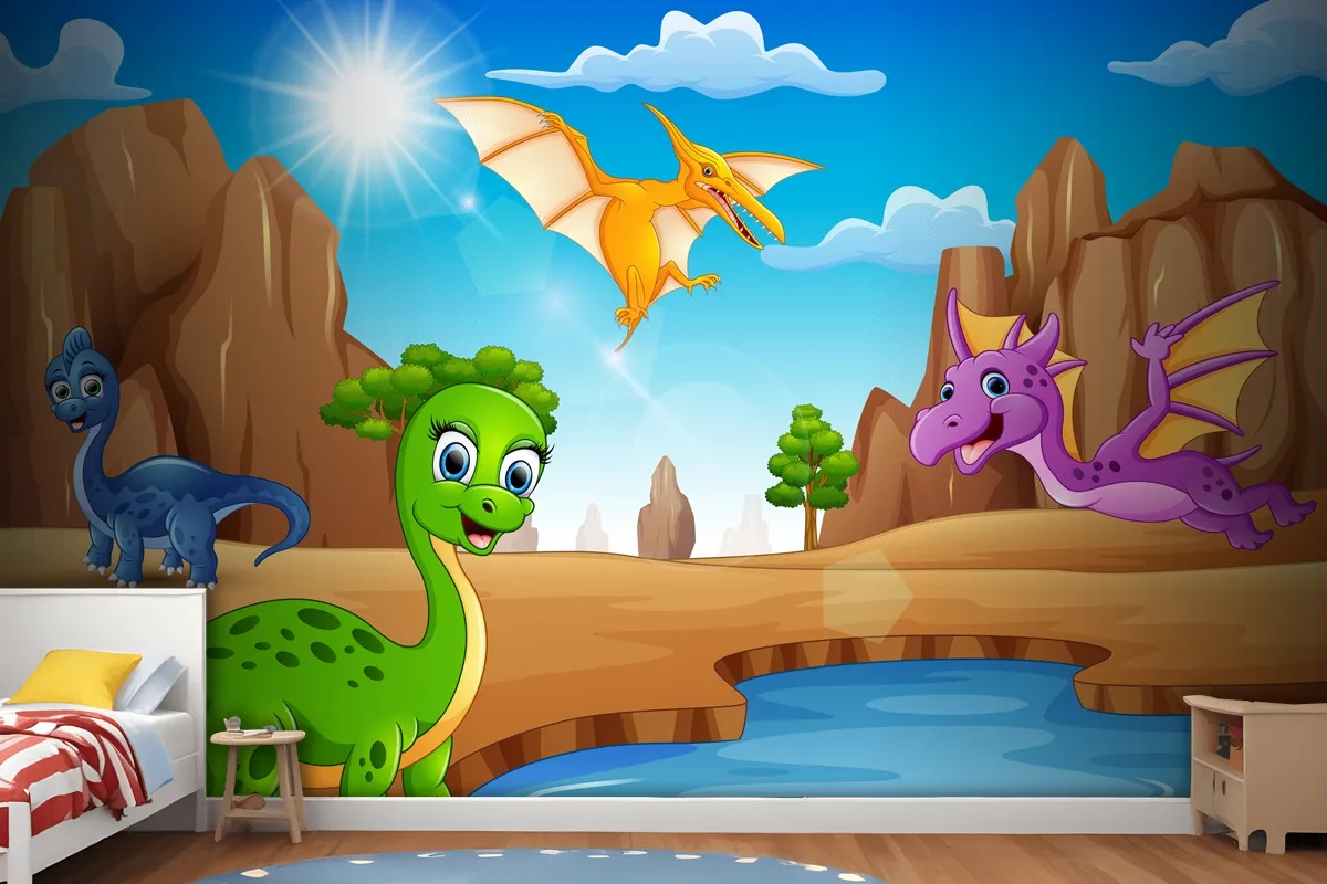 Cartoon Happy Dinosaurs Living In The Desert Wallpaper Mural