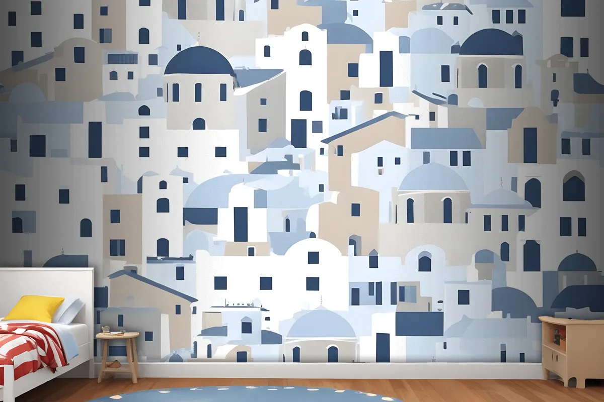 Cartoon Old Blue Greek House Wallpaper Mural