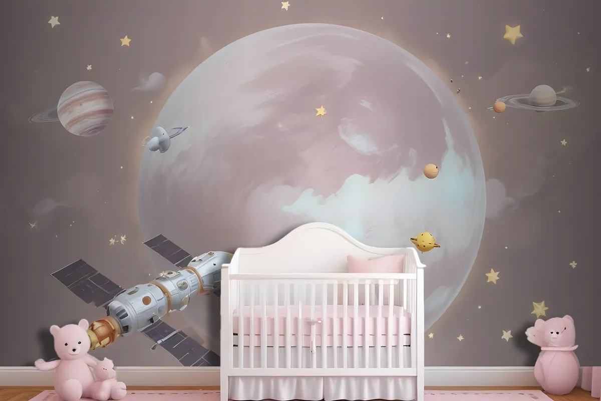 Cartoon Planets And Starry Space Wallpaper Mural