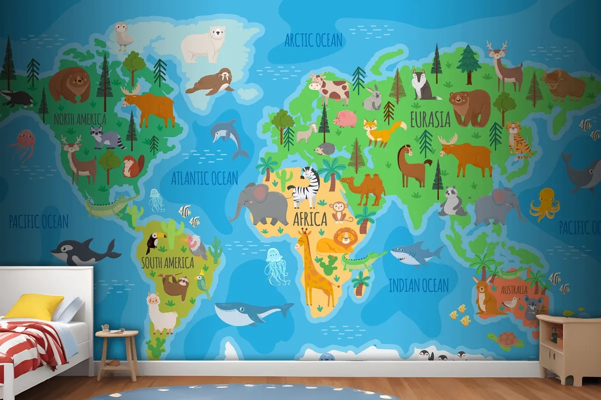 Cartoon World Map For Kids Nursery With Forest Animals Wallpaper Mural