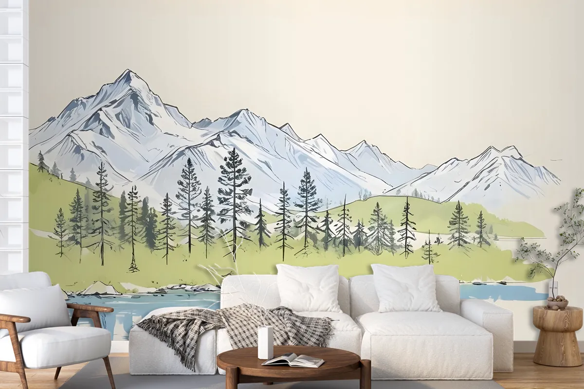 Charcoal Mountain Landscape With Lake And Pine Trees Wallpaper Mural