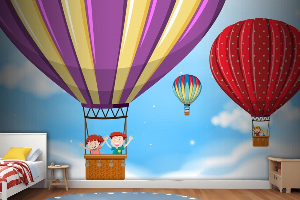 Children Riding Hot Air Balloon Wallpaper Mural