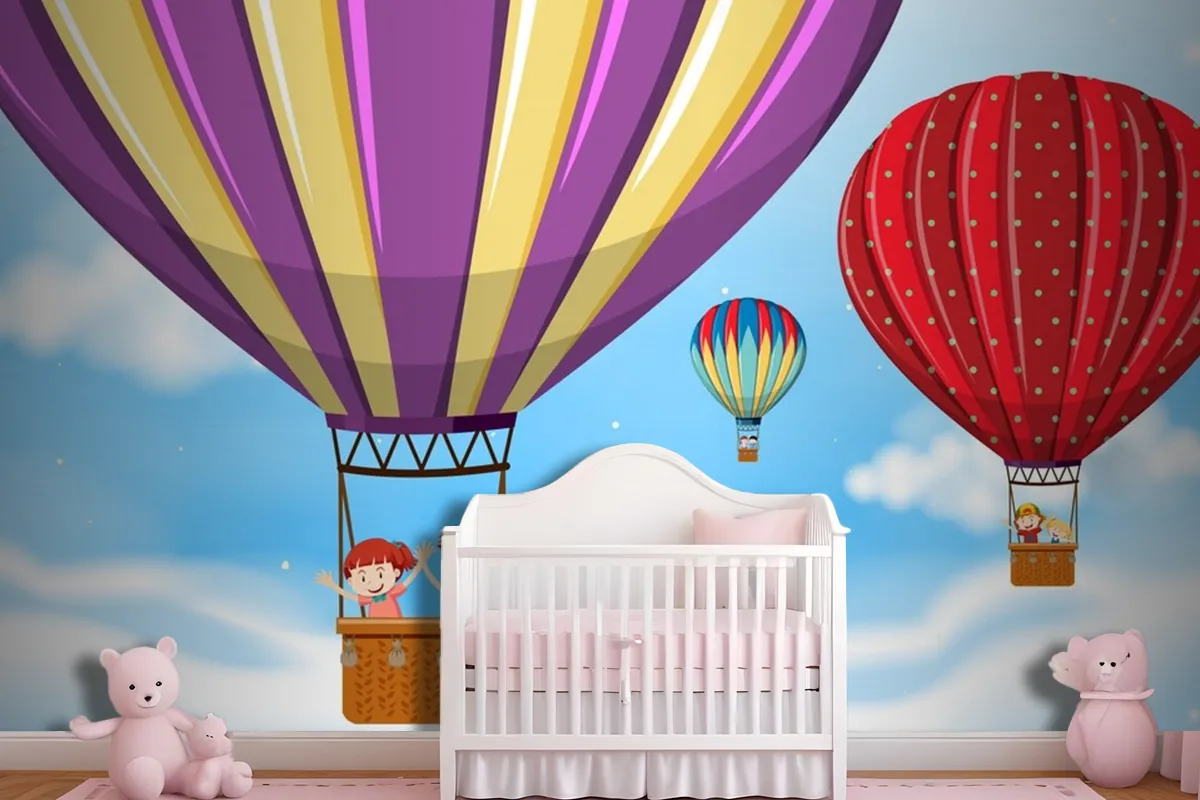 Children Riding Hot Air Balloon Wallpaper Mural