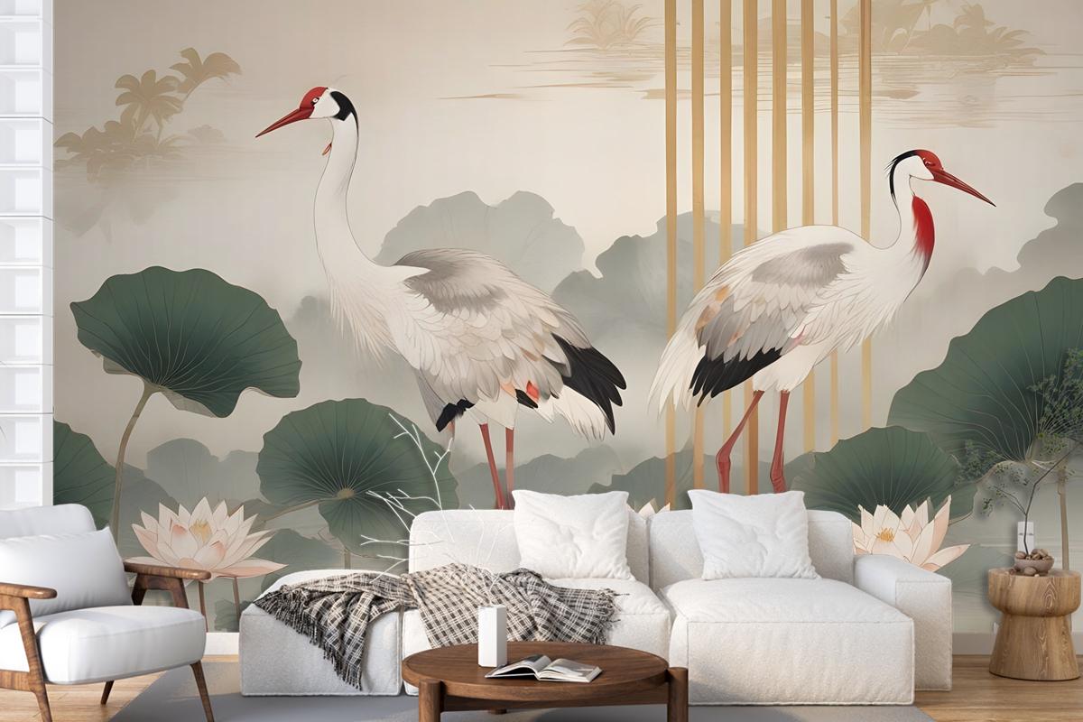 Chinese Crane Birds With Lotus Florals Wallpaper Mural