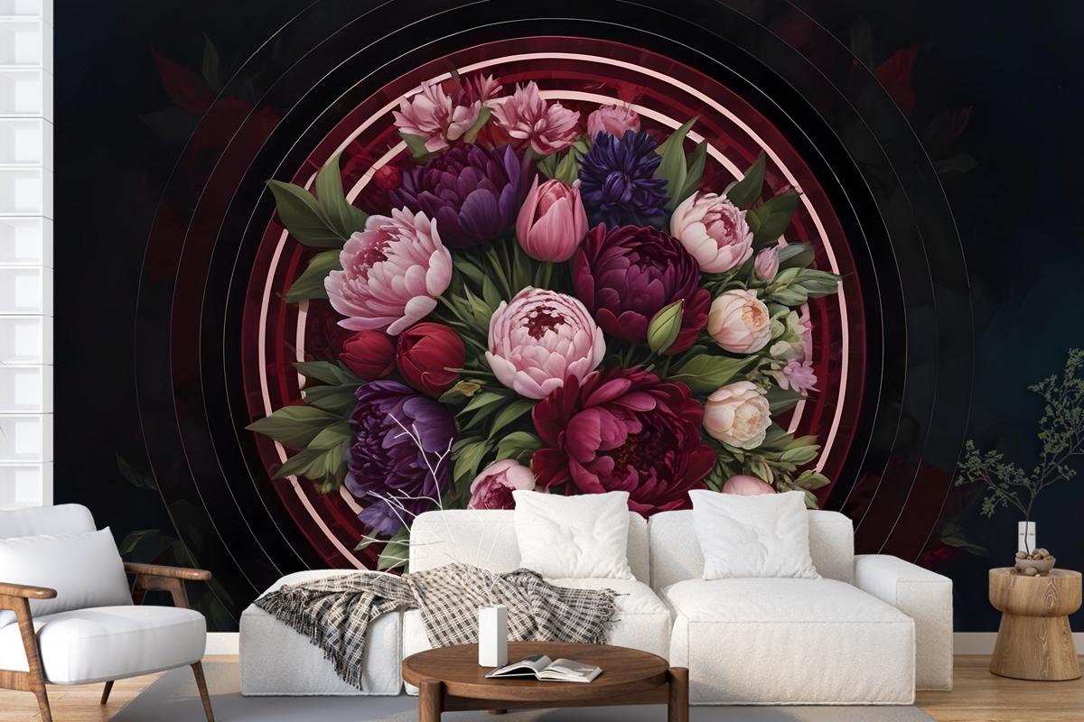 Circle Dark Floral Wallpaper Mural