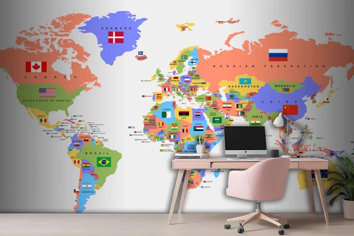 Color World Map With The Names Of Countries And National Flags Wallpaper Mural