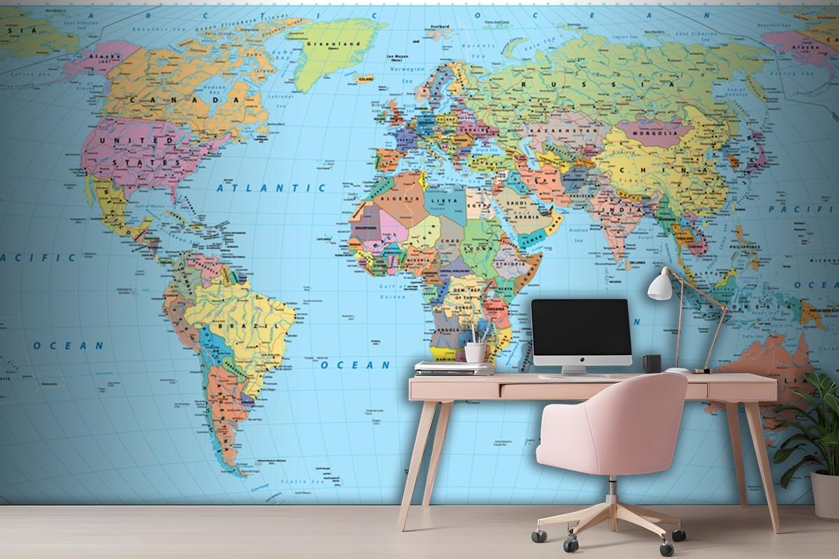 Colored World Map Borders Countries Roads And Cities Wallpaper Mural