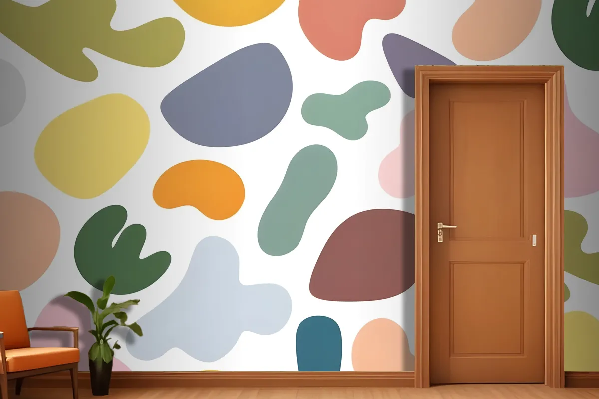 Colorful Abstract Shapes In Various Pastel Tones Including Circles Arranged In A Random Pattern On A White Wallpaper Mural