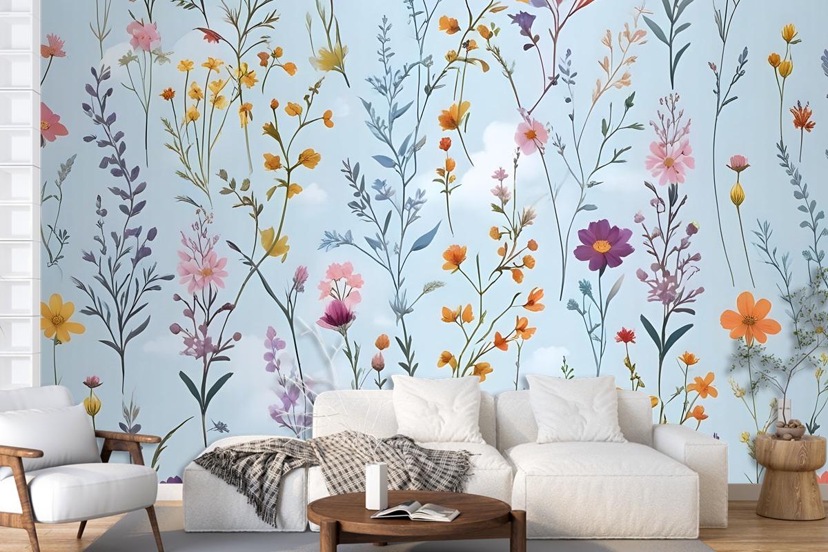 Colorful Blossoms Blue Wallpaper Mural