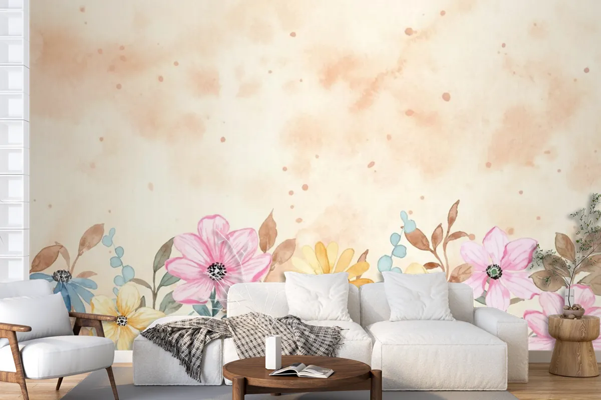 Colorful Floral Garden Background With Watercolor Wallpaper Mural