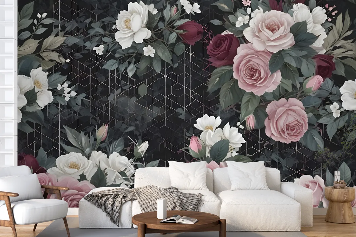 Colorful Floral With Dark Geometric Pattern Wallpaper Mural