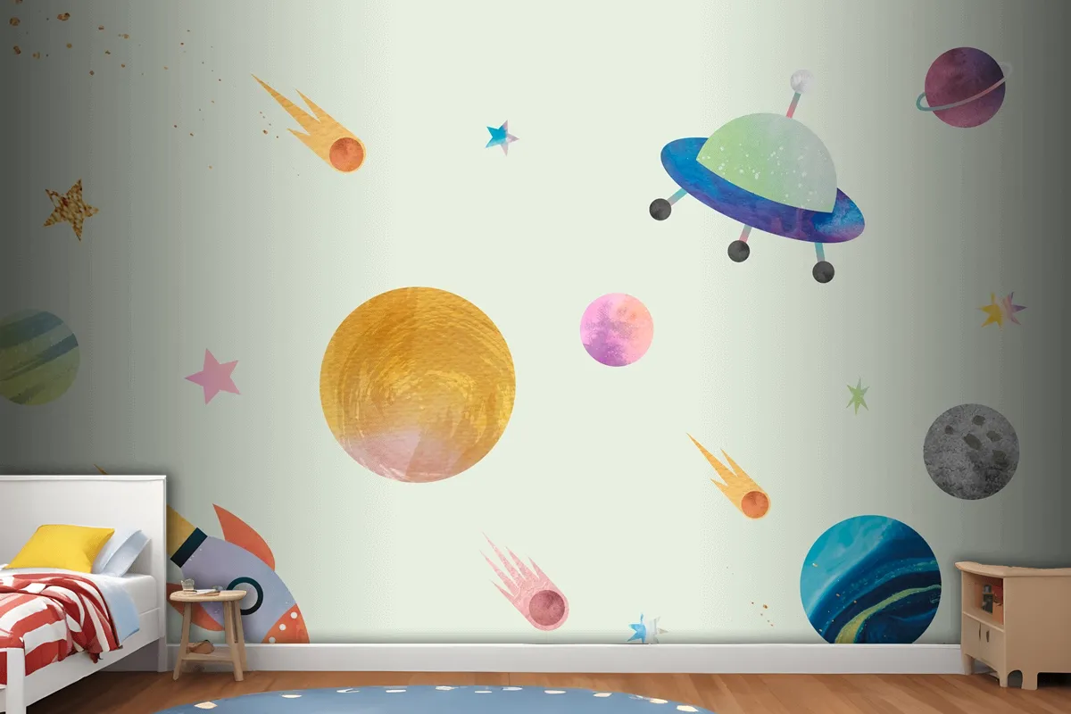 Colorful Galaxy Pattern Background In Cute Watercolor Style Wallpaper Mural