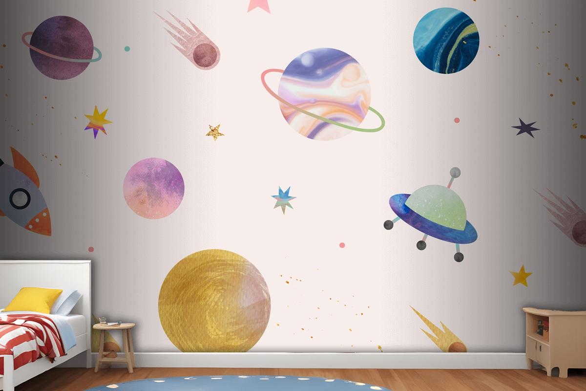 Colorful Galaxy Watercolor Doodle On Pastel Background Wallpaper Mural