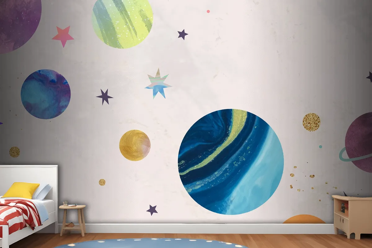 Colorful Galaxy Watercolor Doodle On Pastel Wallpaper Mural