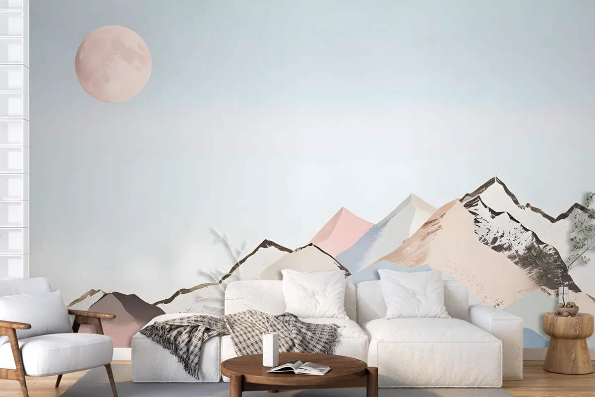 Colorful Mountain With Pink Moon Wallpaper Mural