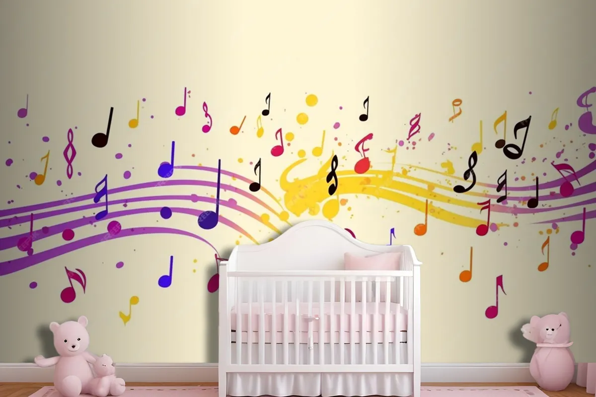 Colorful Musical Notes Yellow Background Wallpaper Mural